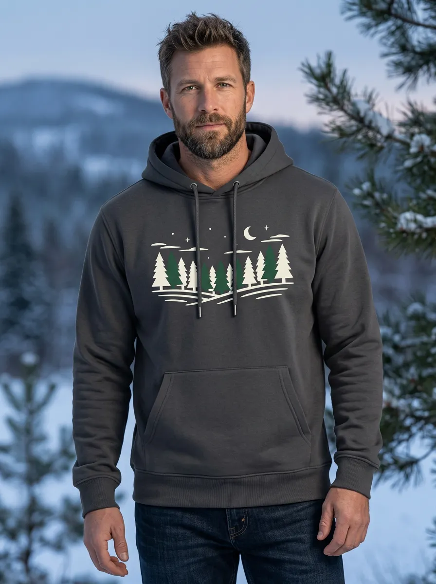 Men's Christmas Nature Lover Pine Tree Moon Printed Hoodie