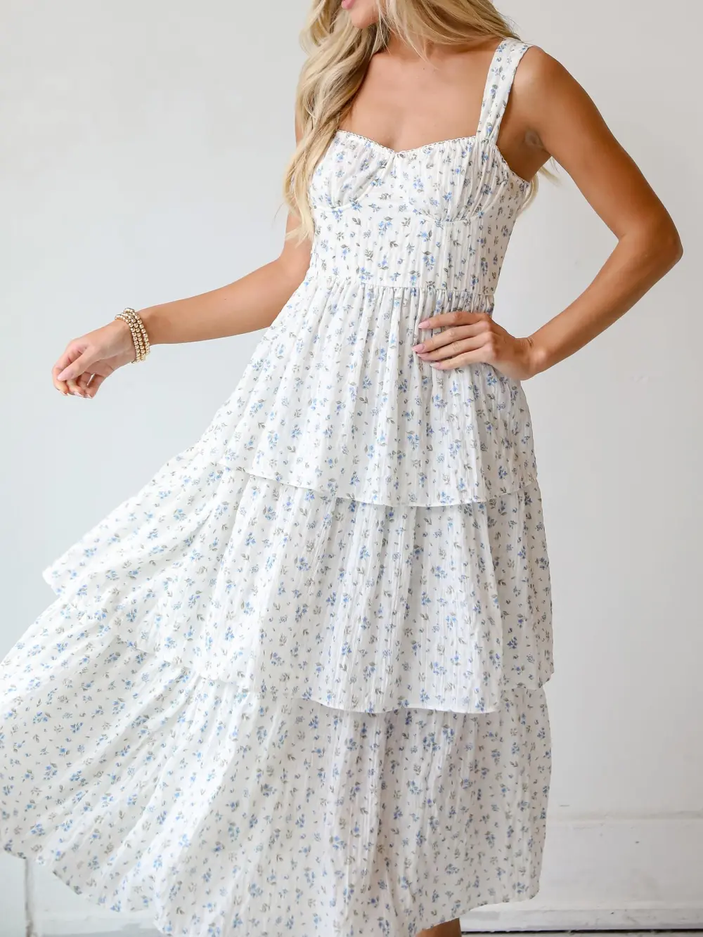 Ivory Floral Tiered Midi Dress