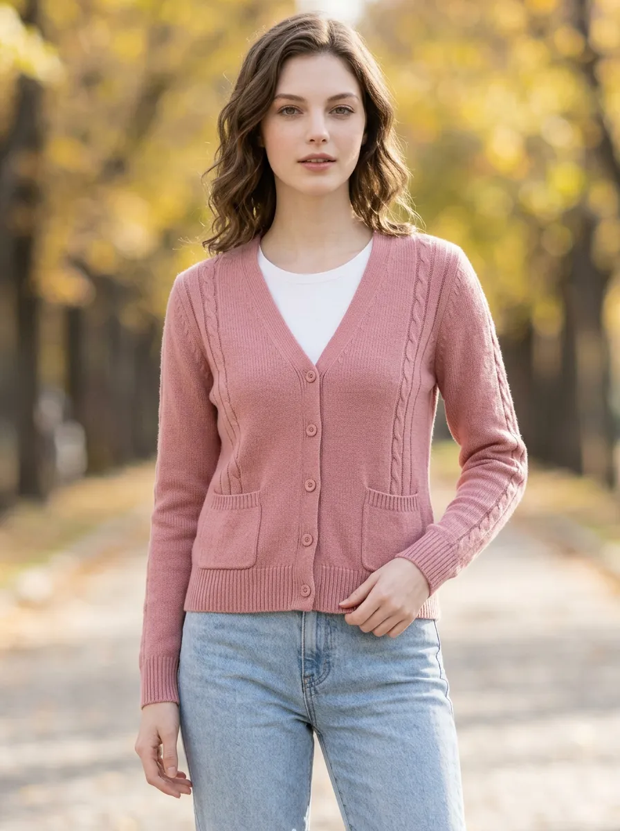 Women's Casual Pink Cable Knit Button Down Cardigan