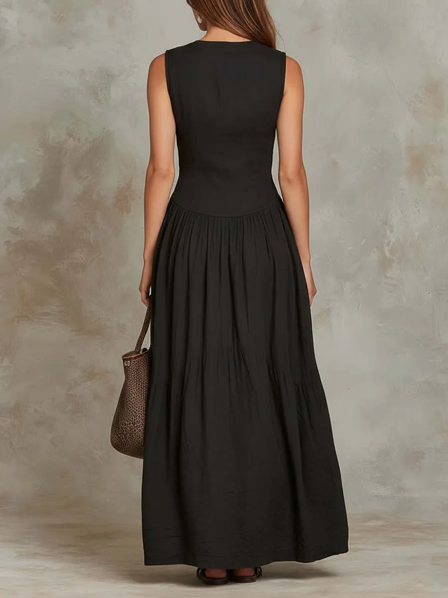Retro Flap Pocket Cotton Maxi Dress