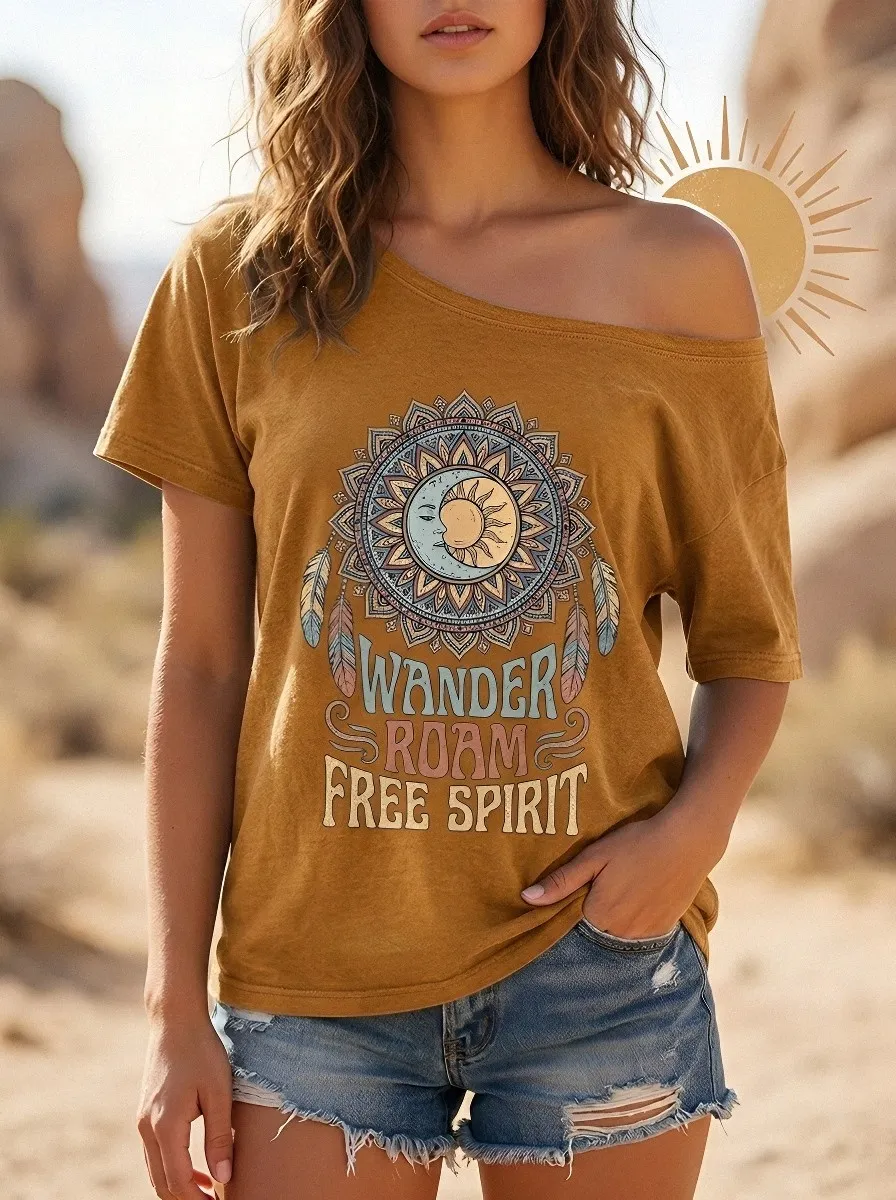Women's Boho Wanderer Sun Moon Feather Printed T-shirt