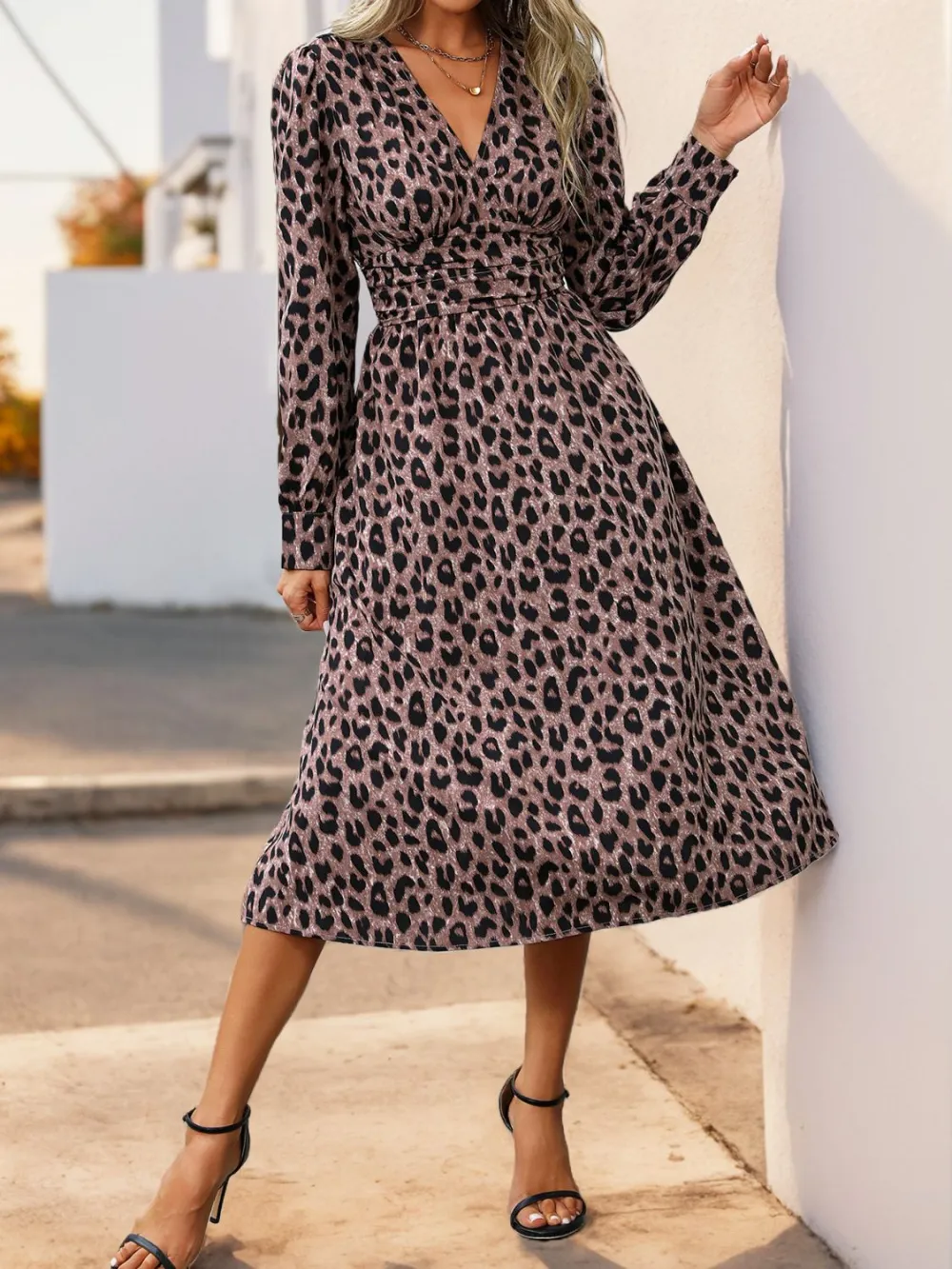Surplice Long-Sleeve Leopard-Print Midi Dress
