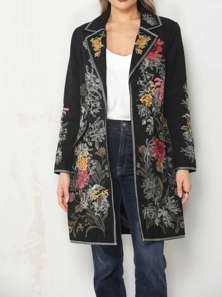 Women's Vintage Floral Botanical Embroidered Printed Blazer Coat