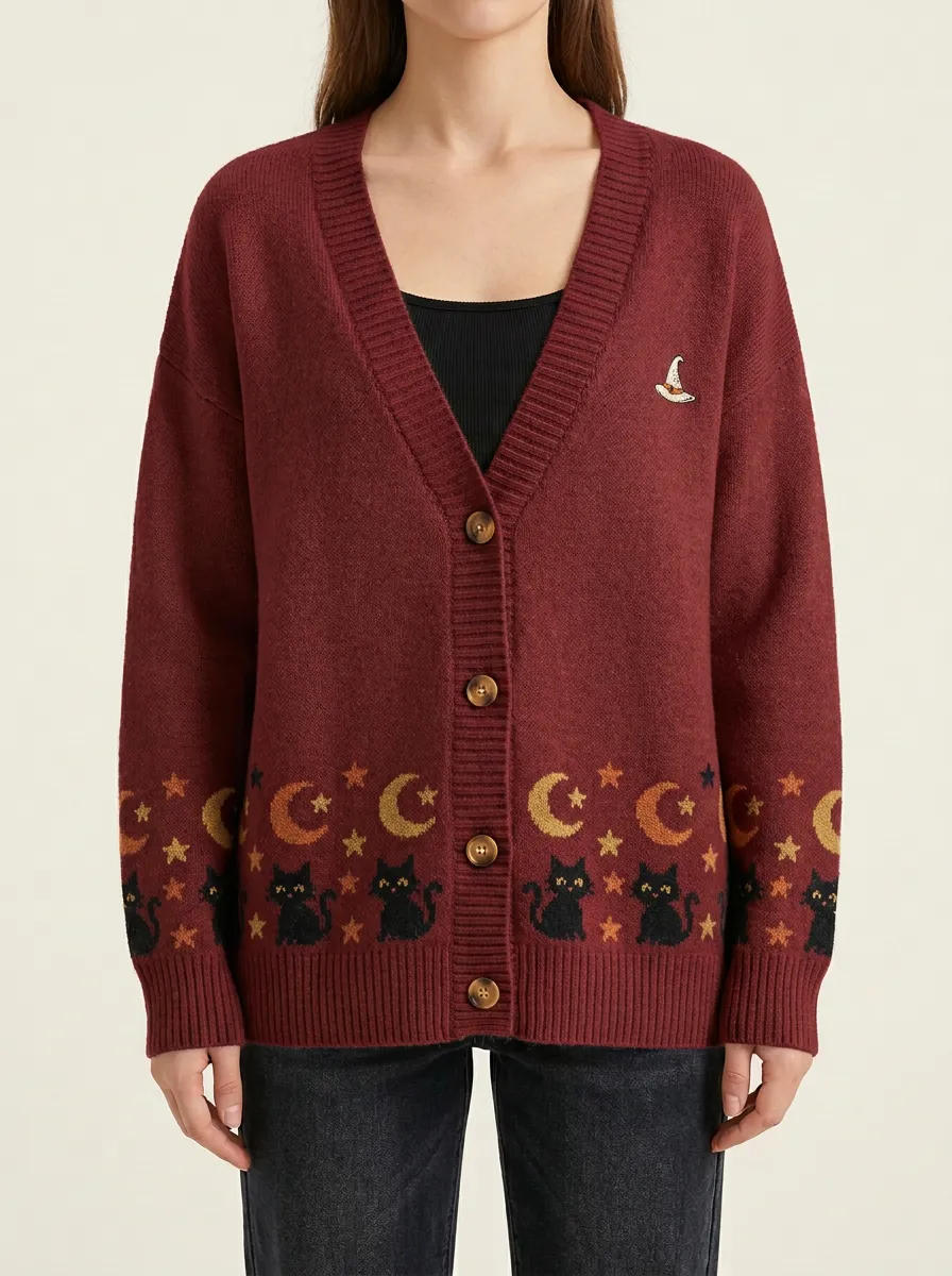 Women's Witch Cat Moon Stars Halloween Knit Cardigan