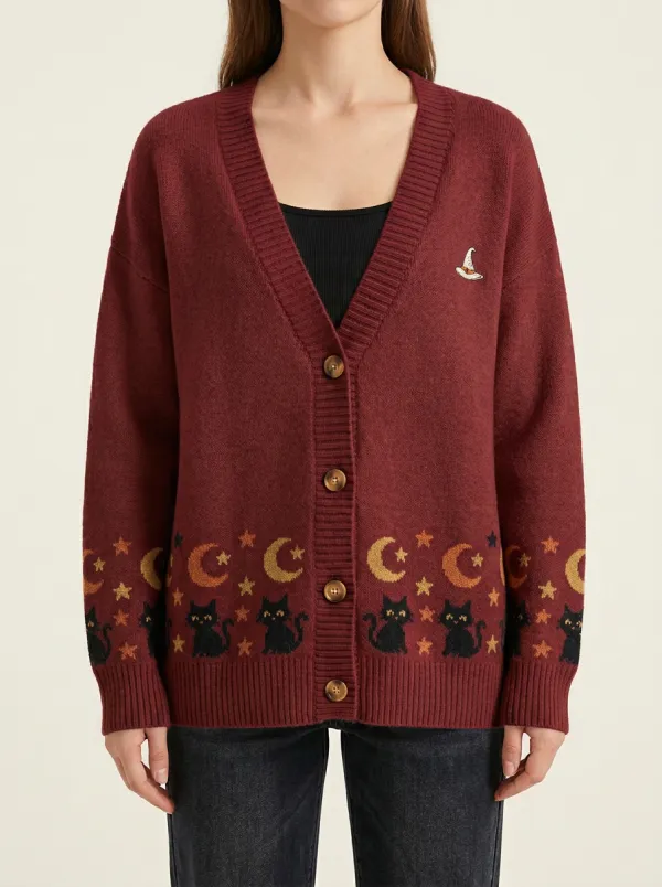 Women's Witch Cat Moon Stars Halloween Knit Cardigan