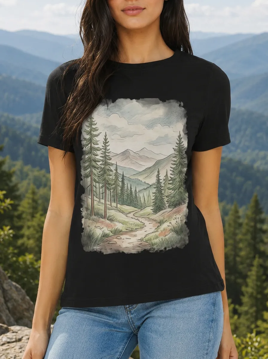 Women's Nature Lover Mountain Forest Trail Watercolor Printed T-shirt