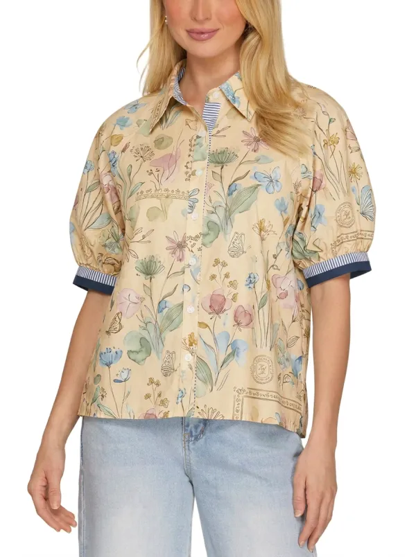 Women's Floral Butterfly Botanical Printed Puff Sleeve Shirt