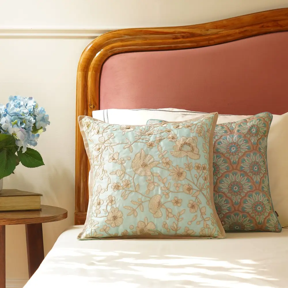 Blue Bloom Embroidered Cushion Cover