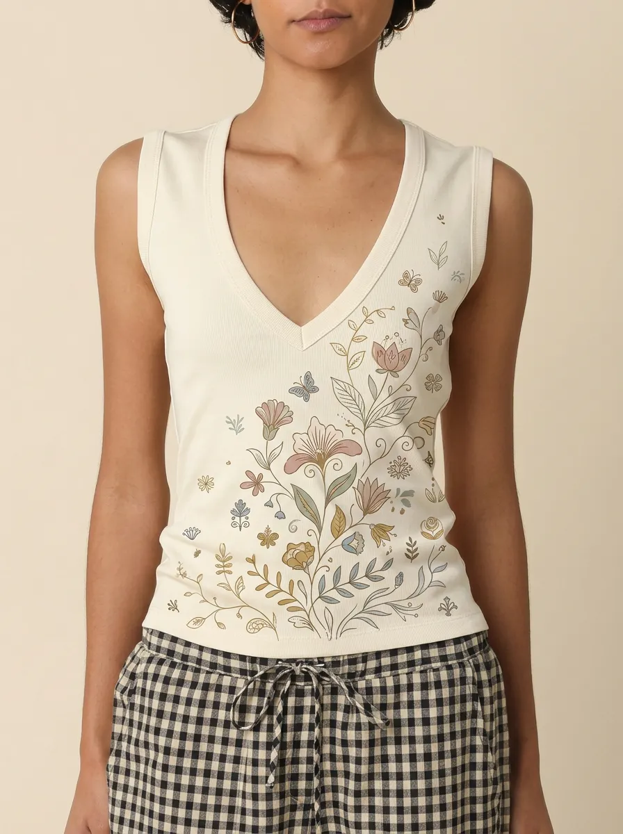 Women's Botanical Floral Butterfly Printed V-neck Tank Top