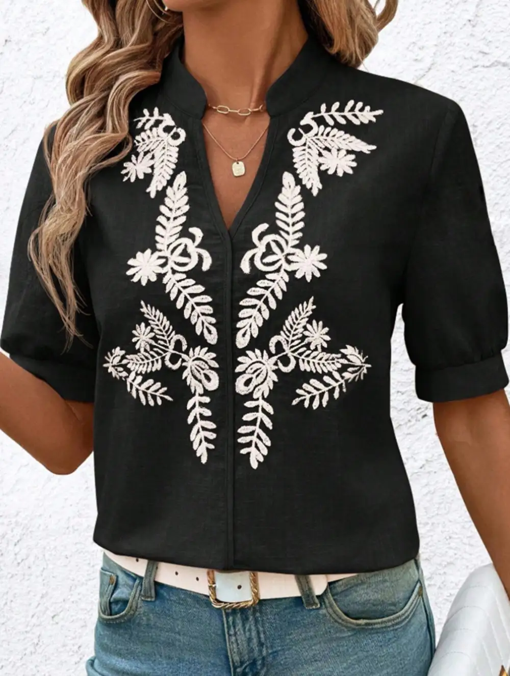 V Neck Embroidered Cotton Short Sleeve Blouse