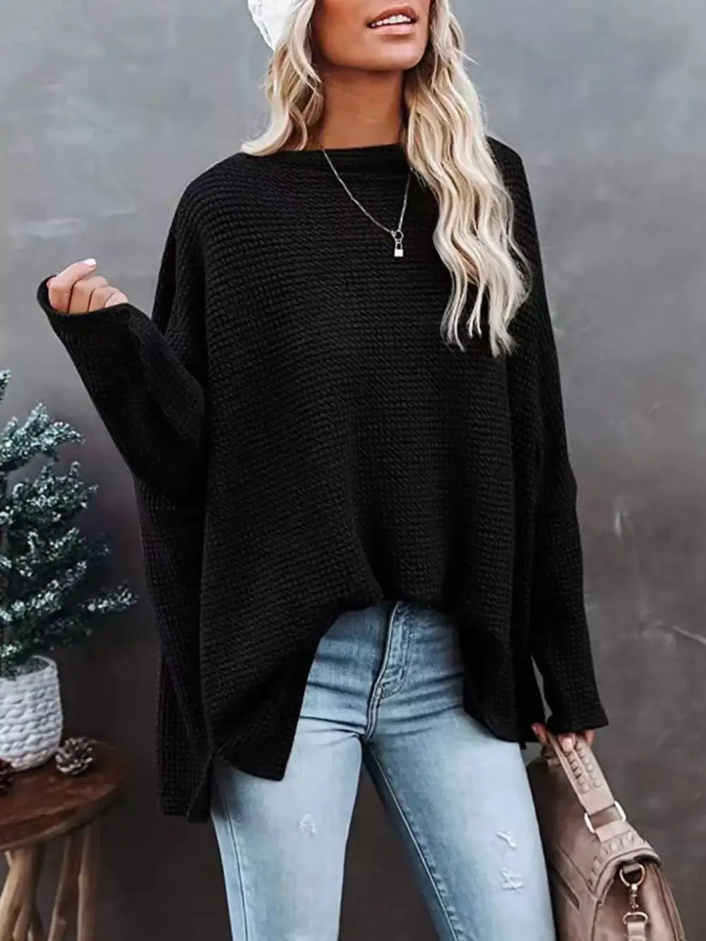 Waffle Knit Boat Neck Sweater