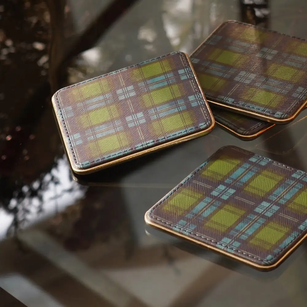 Plaid Faux Leather Coaster Set