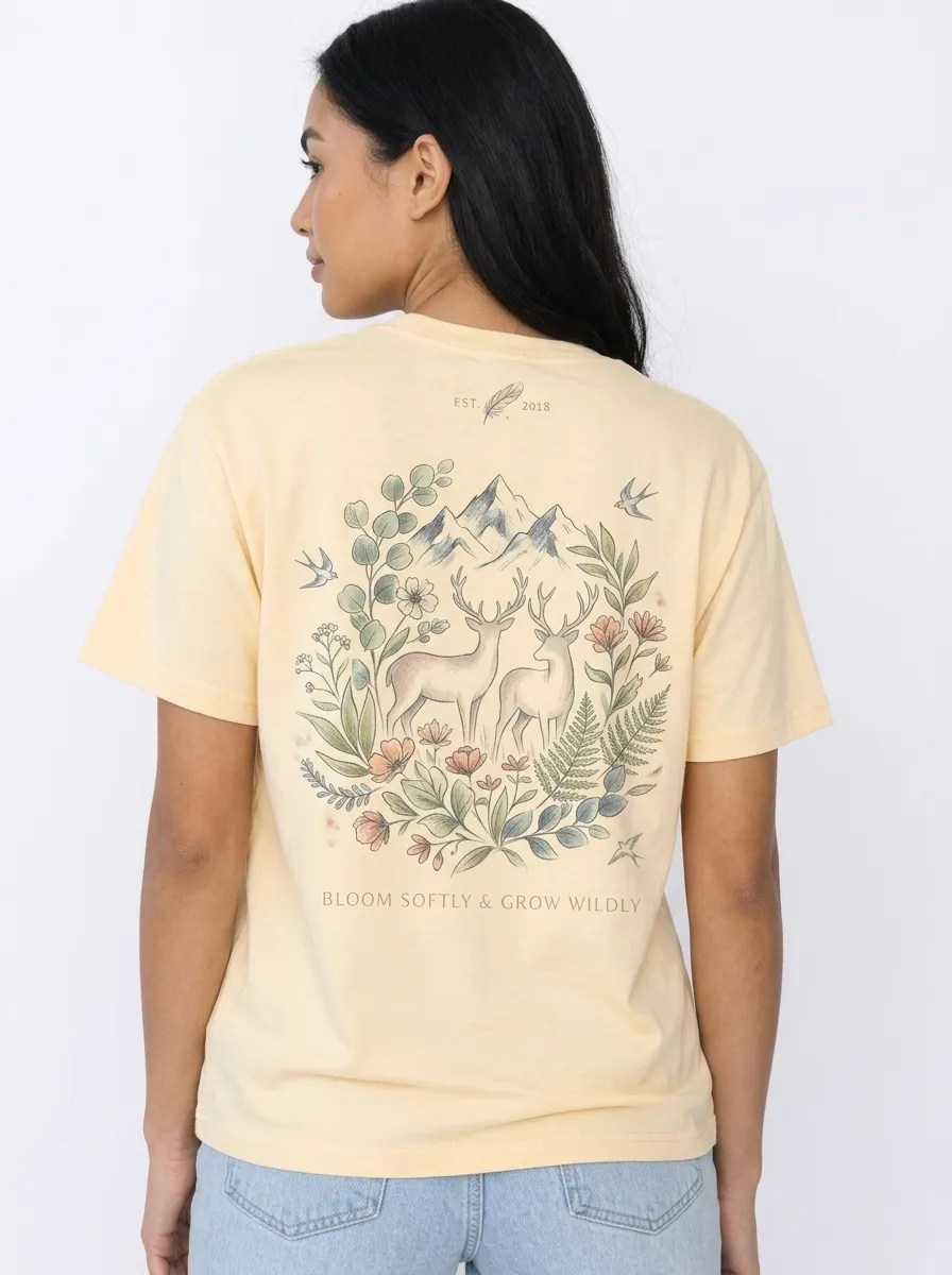 Women's Nature Lover Deer Mountain Floral Printed T-shirt