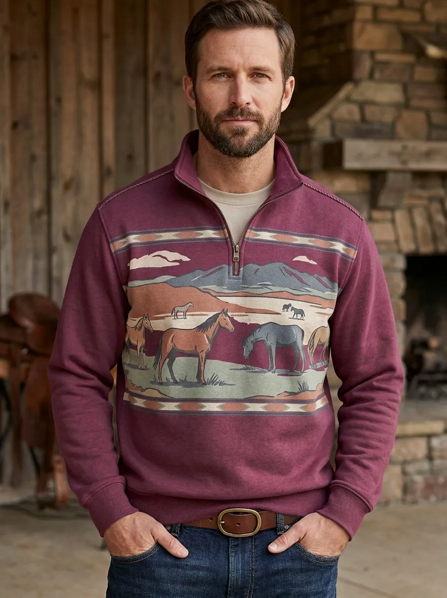 Men's Western Cowboy Horse Quarter-Zip Sweatshirt