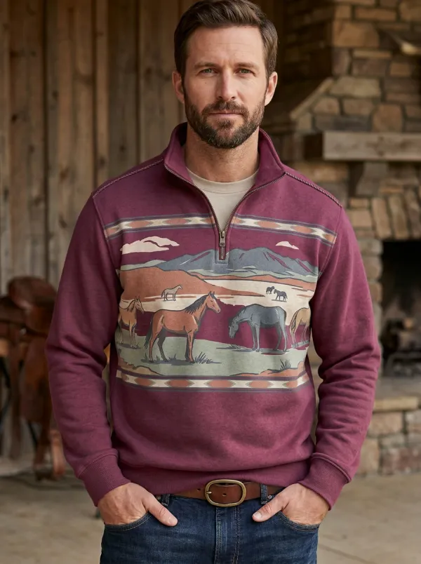 Men's Western Cowboy Horse Quarter-Zip Sweatshirt