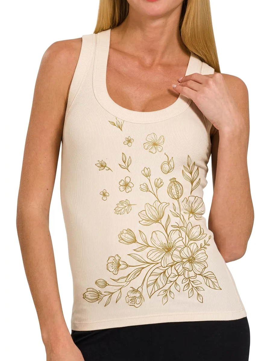 Women's Botanical Nature Lover Gold Floral Printed Ribbed Tank Top