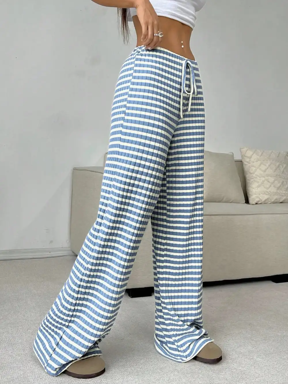 Wide Leg Drawstring Striped Casual Pants