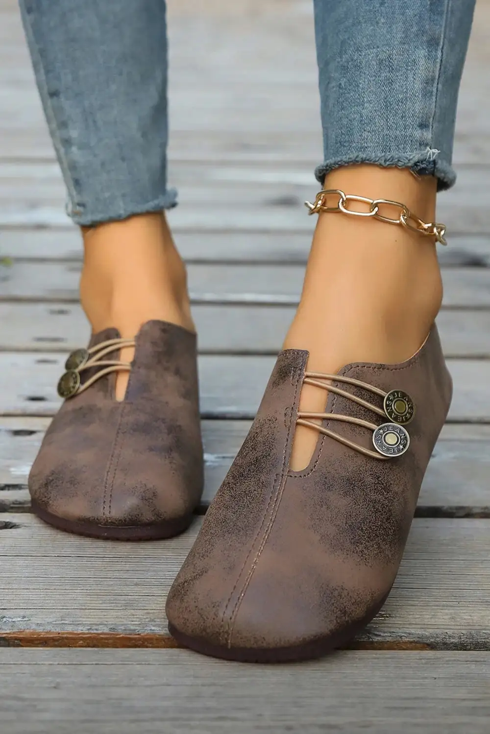 Vintage Button Detail Faux Leather Loafer Shoes