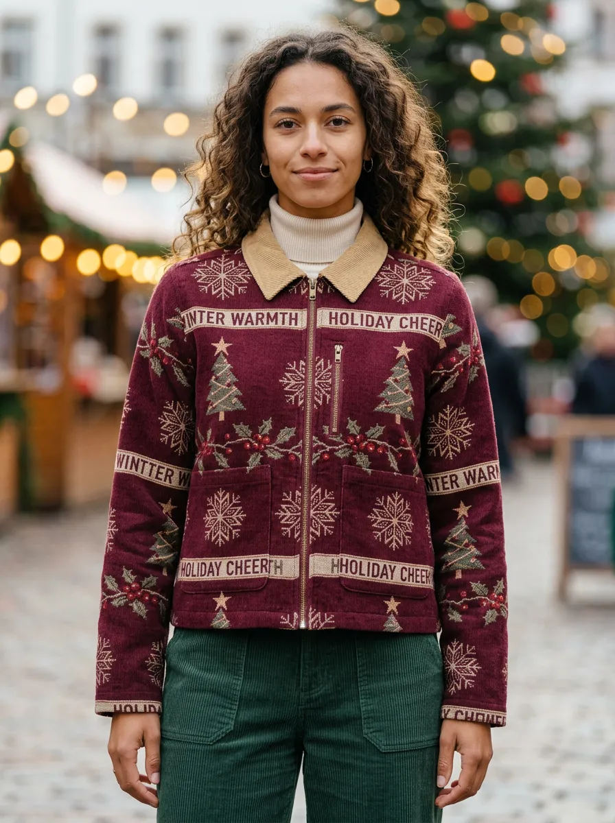 Christmas Holiday Cheer Snowflake Tree Print Jacket