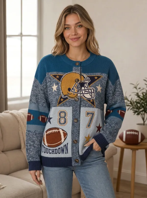 Women's Football Fan Helmet Star Number 87 Pattern Knitted Cardigan