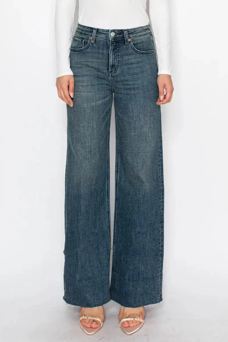 Tummy Control High Rise Wide Leg Cuffed Denim Jeans