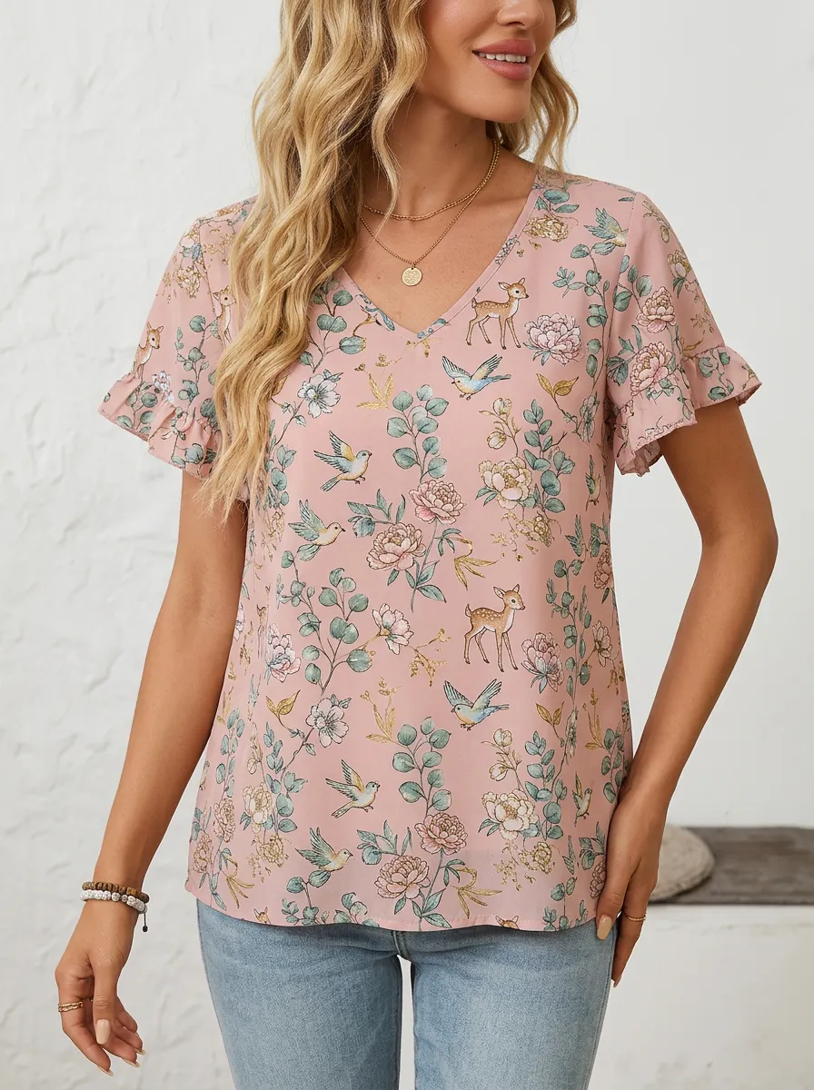 Bird Deer Nature Women's Loose Printed Blouse