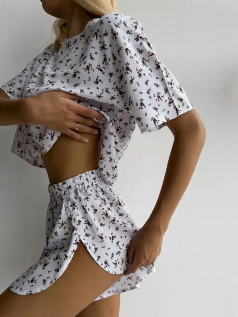 Refined Floral-Print Top and Shorts Lounge Set