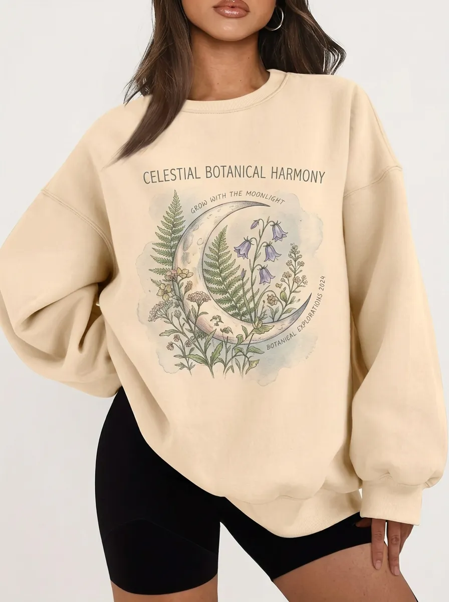 Women's Celestial Botanical Moon Fern Printed Sweatshirt