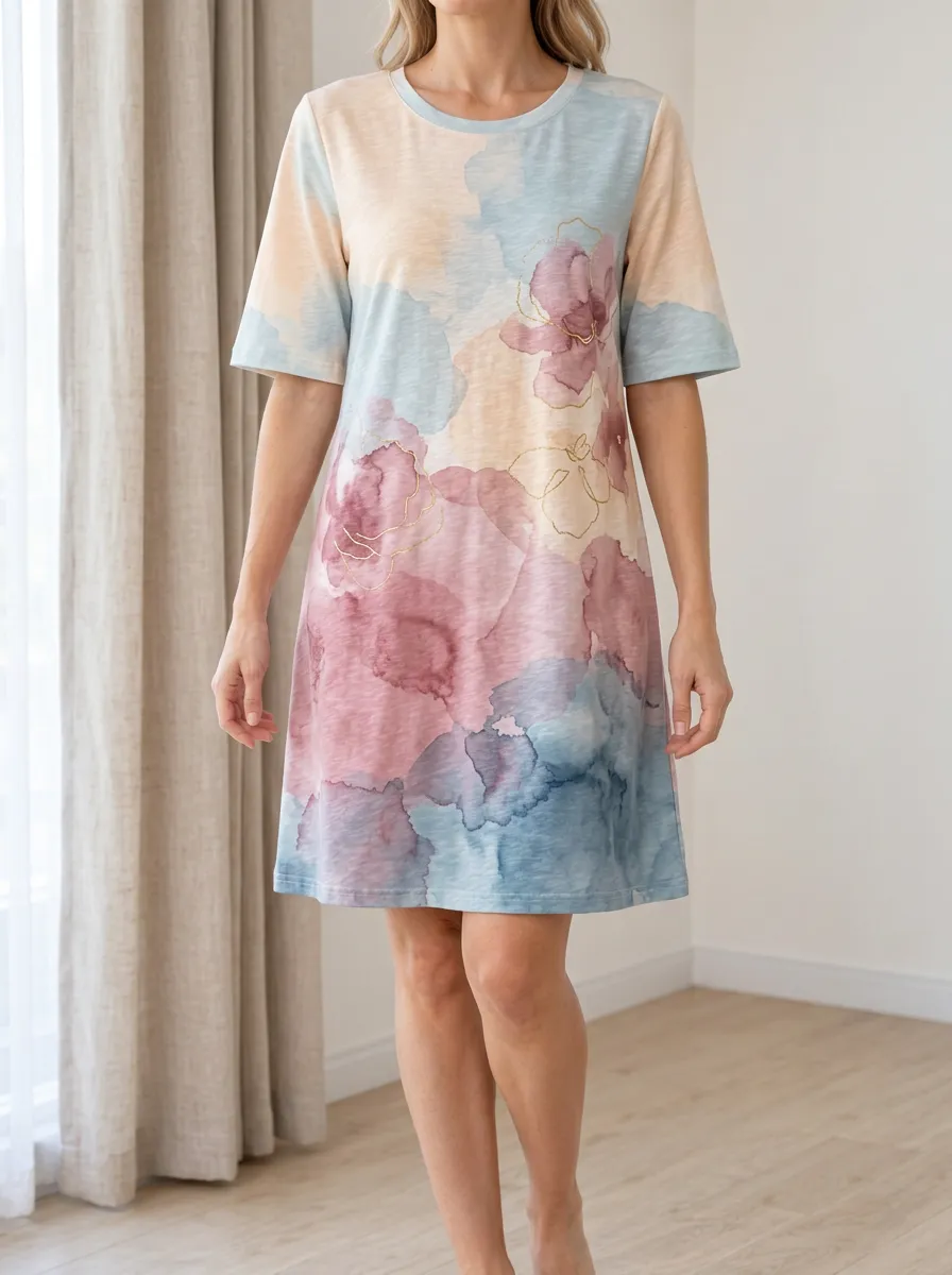Women's Watercolor Floral Abstract Printed T-shirt Dress