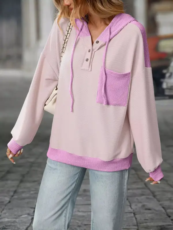 Refined Drawstring Buttoned Pocketed Colorblock Hoodie