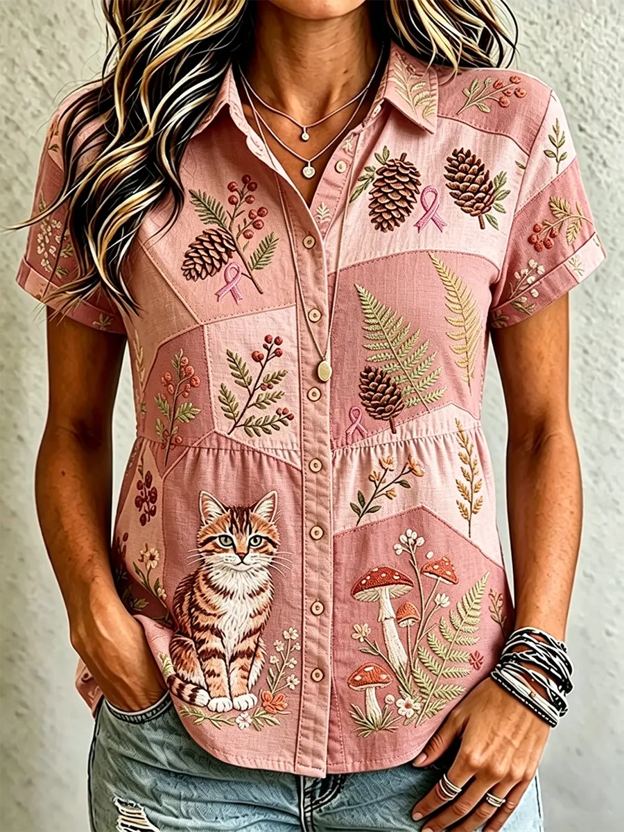 Women's  Casual Floral Cat Printed  Shirt