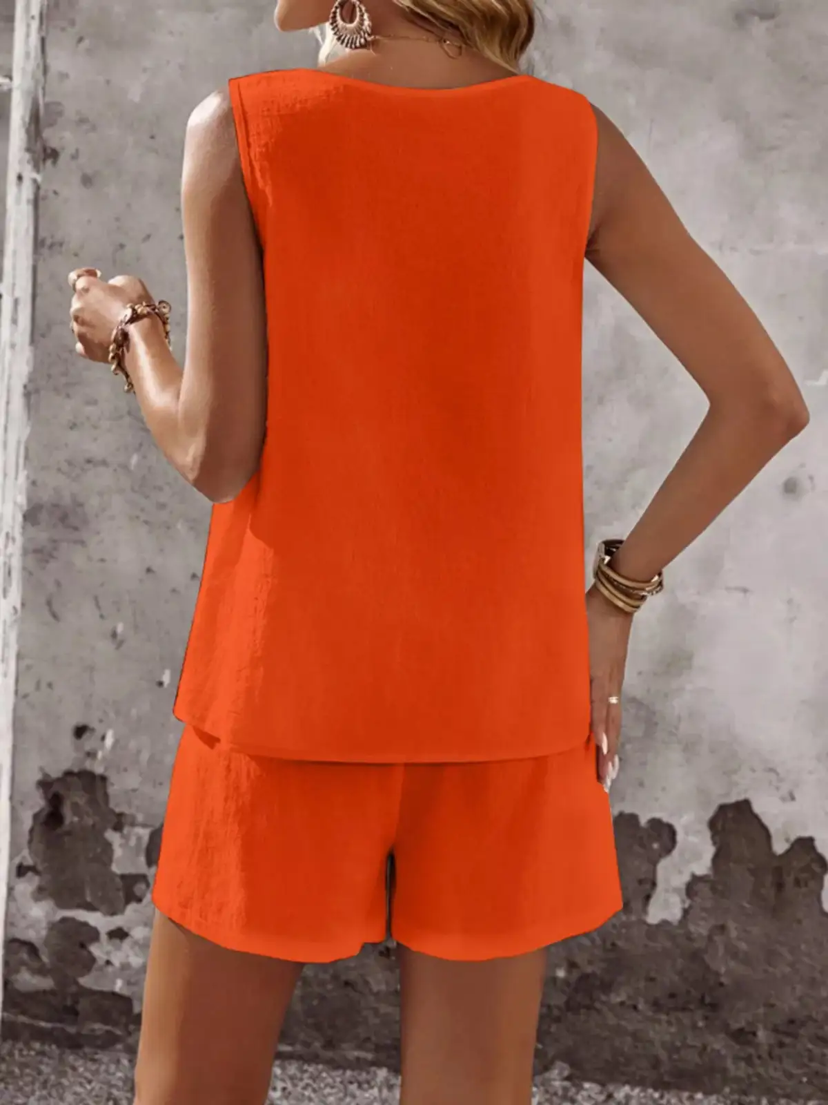 Round-Neck Button-Detail Cotton Shorts Matching Set