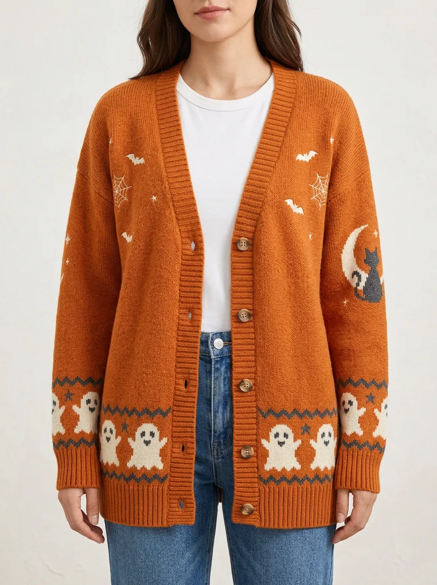 Women's Halloween Ghost Cat Bat Pattern Knitted Cardigan