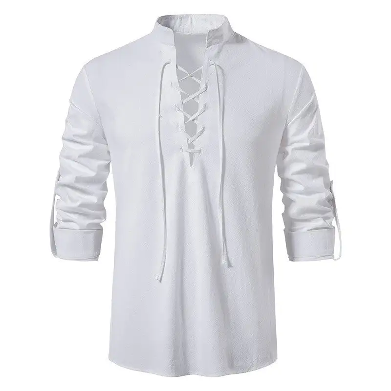 Men's Casual Lace-up Shirt With Stand-up Collar Linen-Cotton Blend And Roll-up Sleeve Tabs