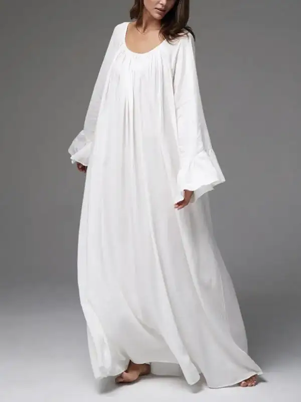 Flared Color Pleated Neck Maxi Dress