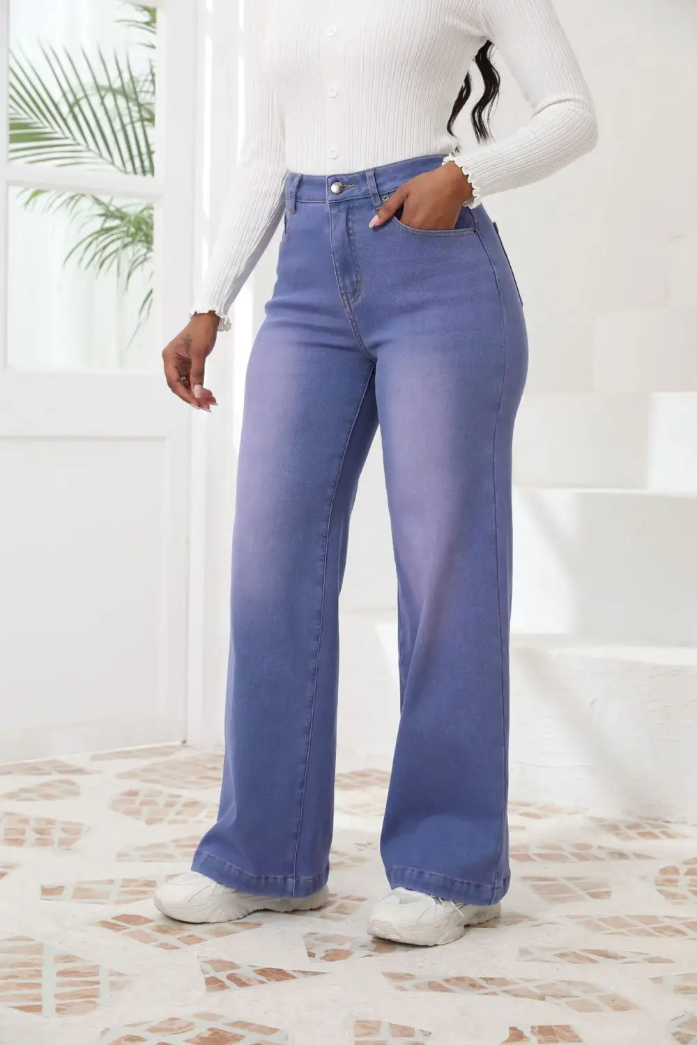 Fleece Lined High Waist Straight Wide Leg Jeans
