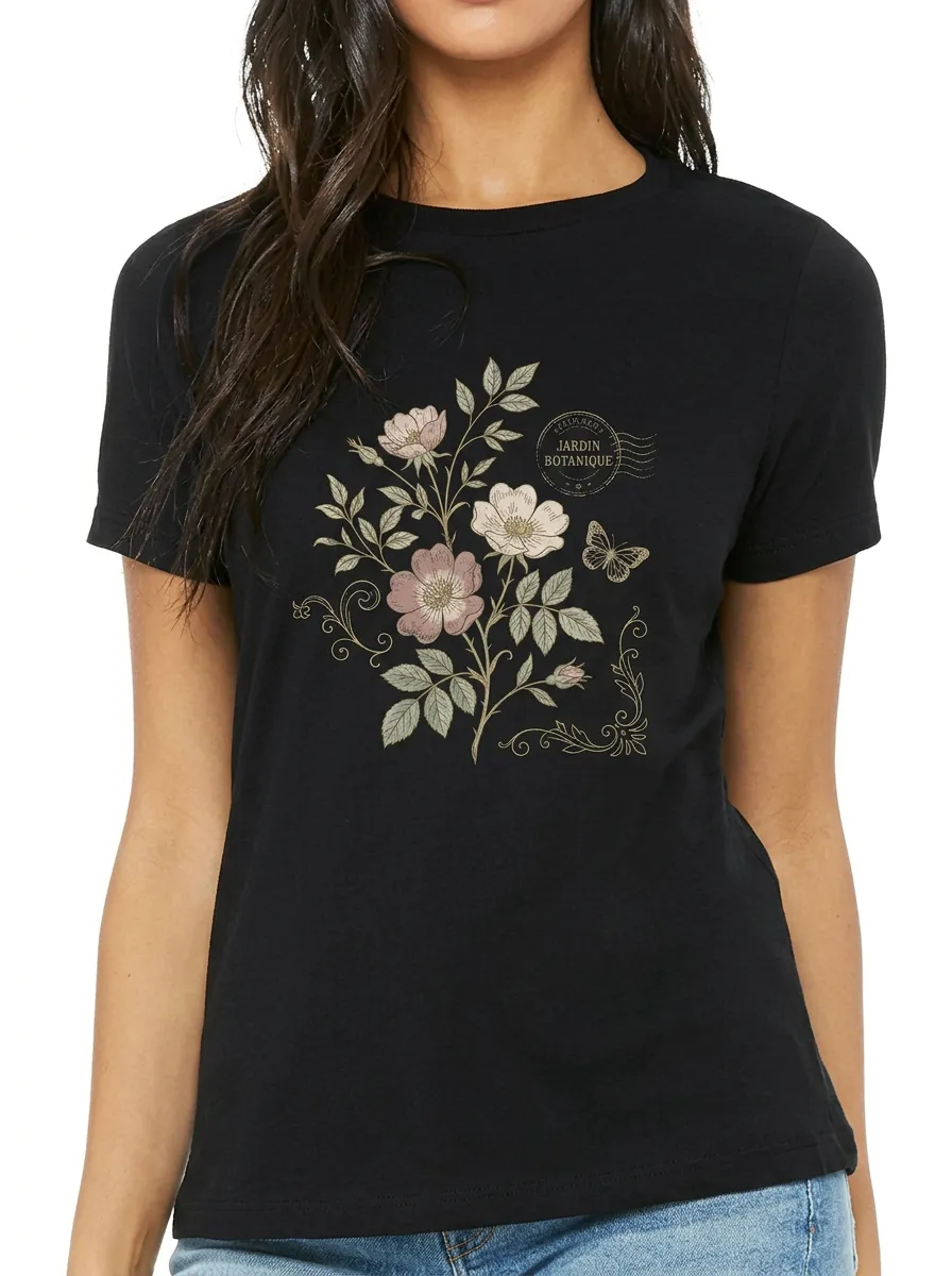 Women's Botanical Garden Butterfly Floral Printed T-shirt