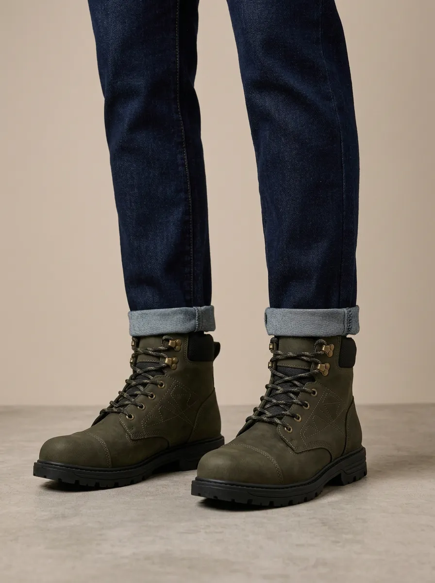Unisex Tactical Stitched Leather Print Work Boots