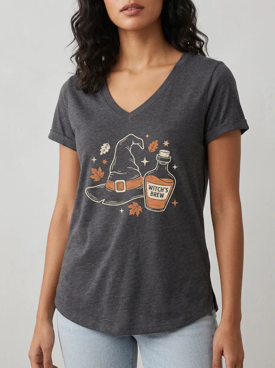 Women's Halloween Witch Hat and Potion Printed V-Neck T-Shirt