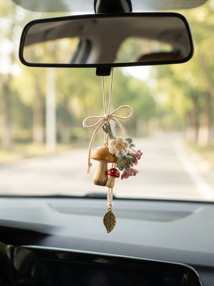 Knitted Mushroom Rearview Mirror Hanging Ornament
