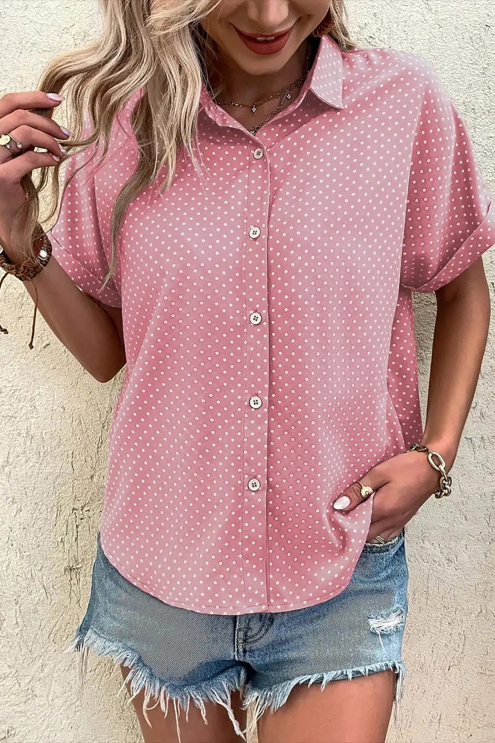 Short Sleeve Dot Print Shirt Blouse