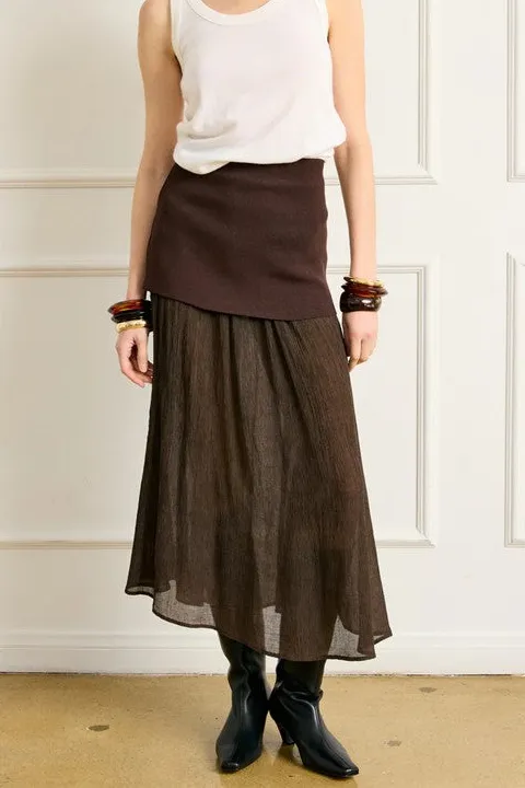 Women's Brown Two-Tier Mixed Media Midi Skirt