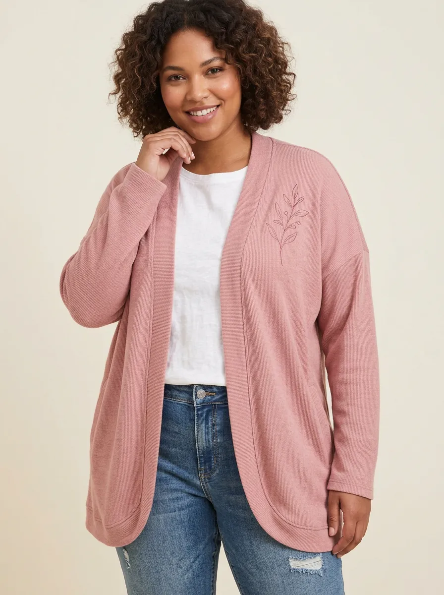Pink Botanical Leaf Minimalist Print Cardigan