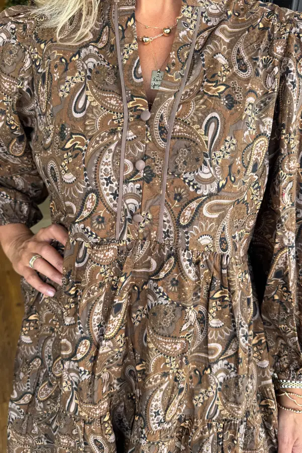 Paisley Print Half Buttons Puff Sleeve Flowy Short Dress