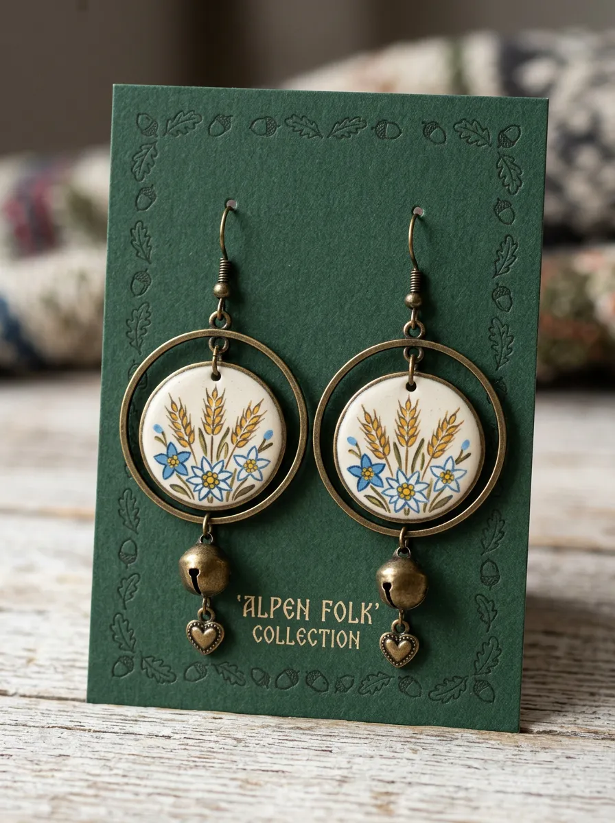 Edelweiss Heart Bell Wheat Women's Bavarian Oktoberfest Dangle Earrings