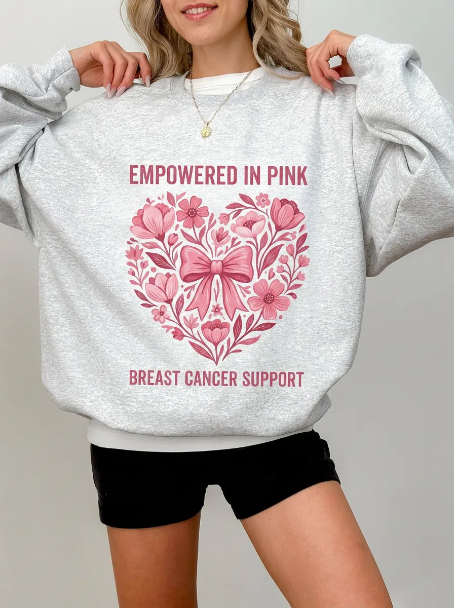 Women's Breast Cancer Awareness Floral Heart Bow Printed Sweatshirt