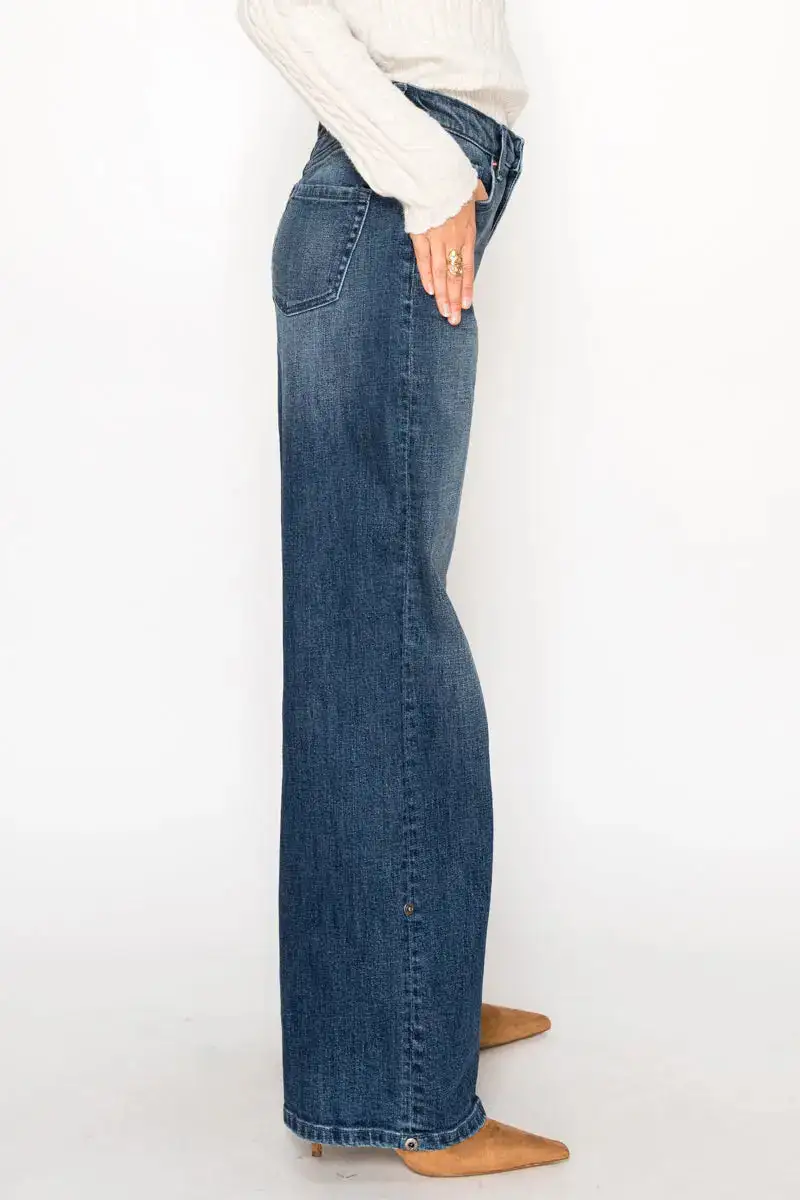 Tummy Control High Rise Vintage Style Wide Leg Cuffed Denim Jeans