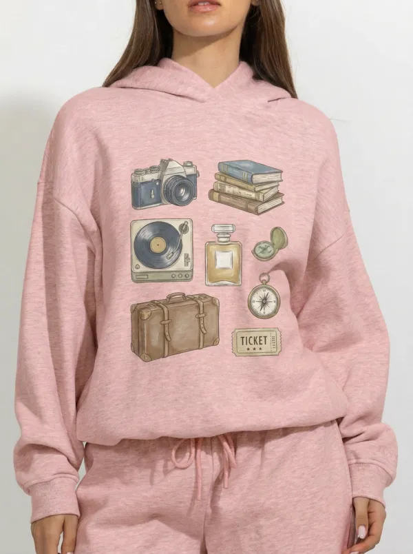 Women's Vintage Travel Aesthetic Camera Book Printed Hoodie