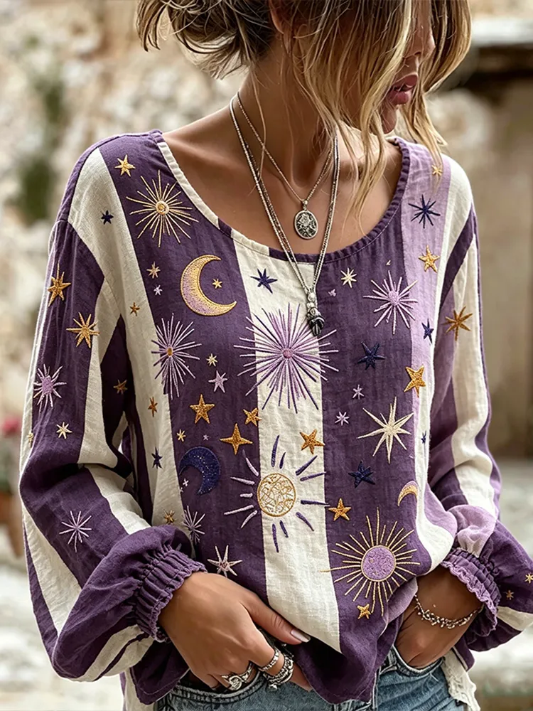 Women'S Printed Purple Artistic Round Neck Shirt