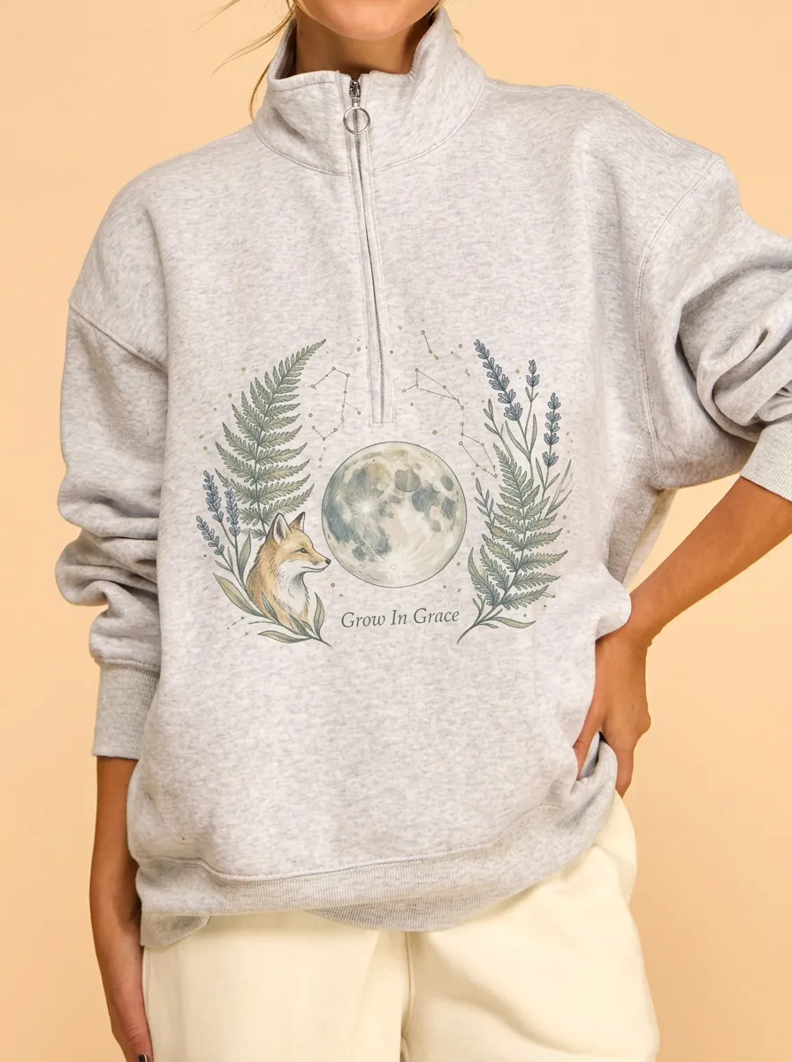 Women's Celestial Fox Moon Fern Printed Quarter Zip Sweatshirt